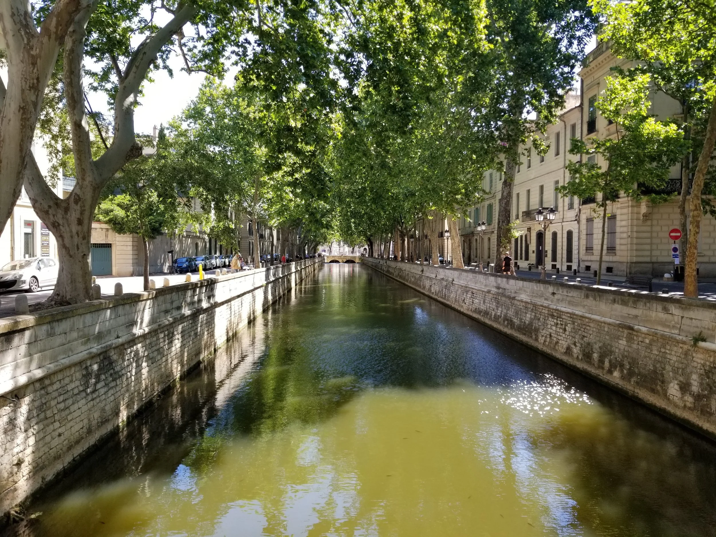 A small canal lined with stone walls along a city street, with trees providing shade overhead and some buildings visible in the background.