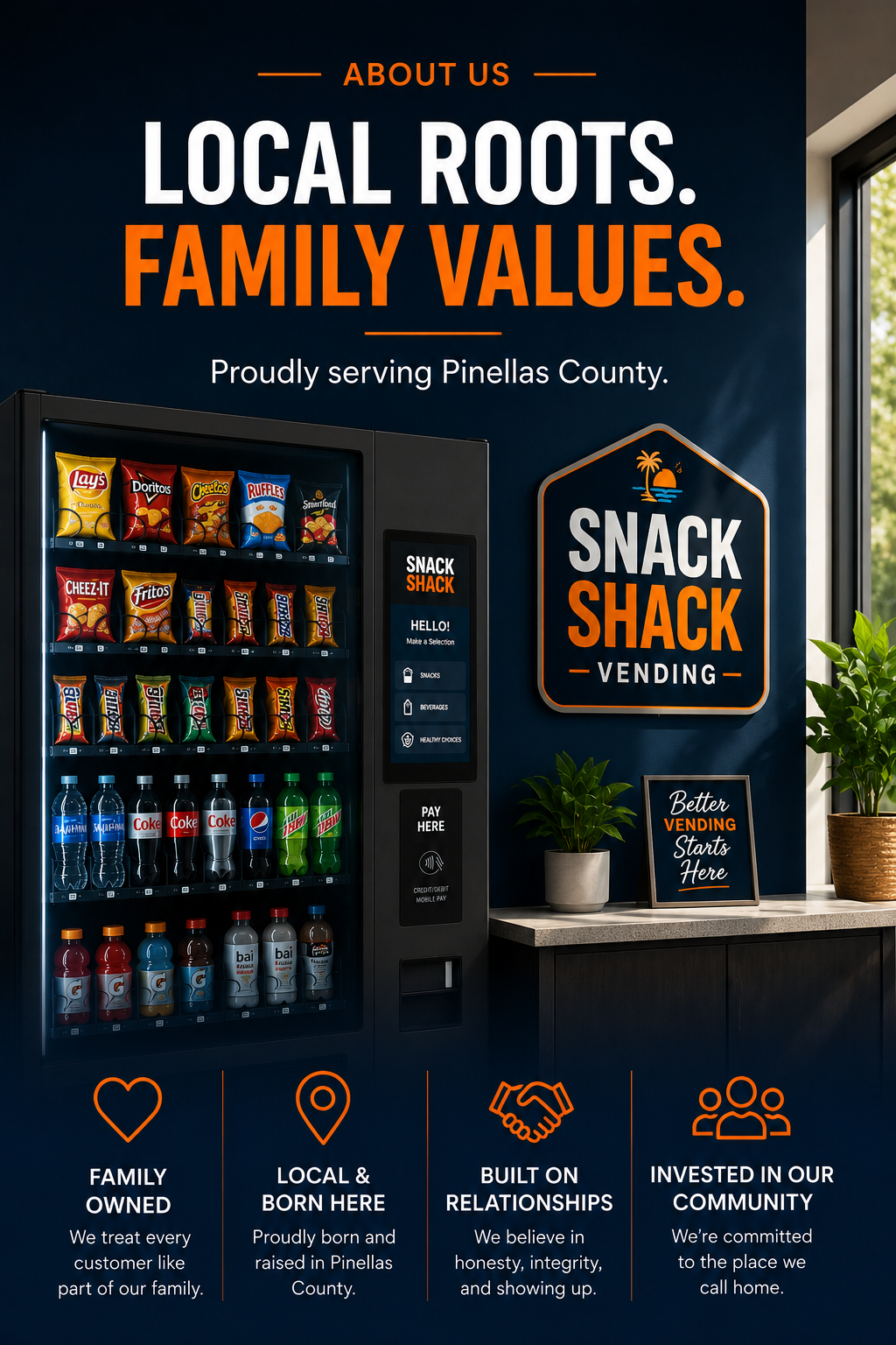 Sign for Snack Shack Vending featuring a snack vending machine filled with chips, snacks, and drinks, and text emphasizing local roots and community involvement in Pinellas County.