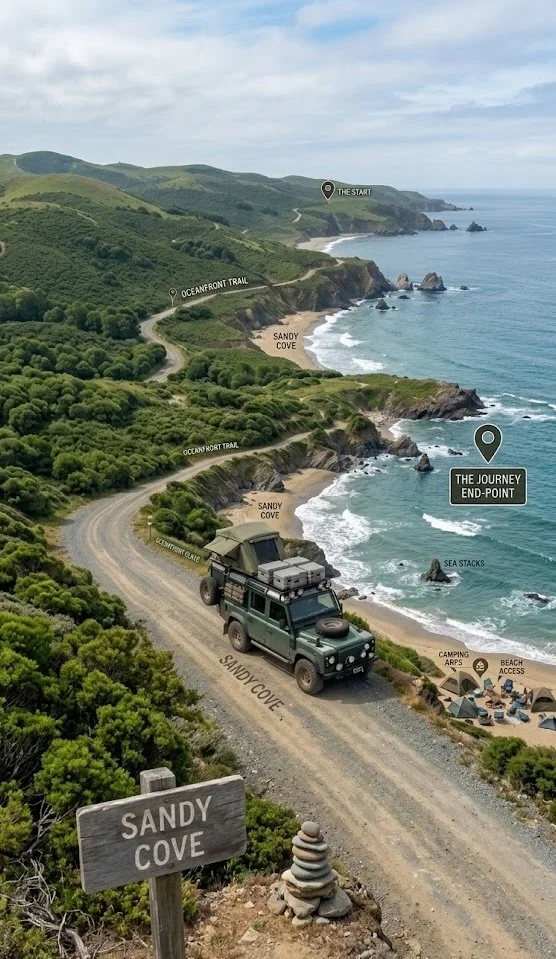 Aerial view of a winding coastal dirt road along Sandy Cove, with a green off-road vehicle parked near the beach, showing the trail, sandy beach, sea stacks, camping area, and the journey's end point marked along the rugged coastline.