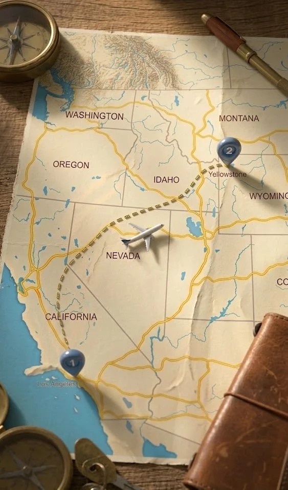 Map of the United States with a toy airplane indicating a route from Los Angeles, California to Yellowstone, Wyoming, passing through Nevada and Idaho, with travel markers including a compass, a pen, and travel accessories.