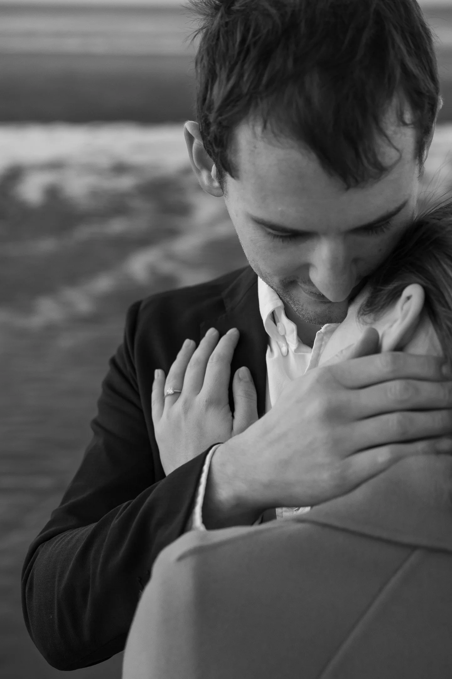 	
Engagement shoot, beach photos, Knokke-Heist photographer, black and white photo