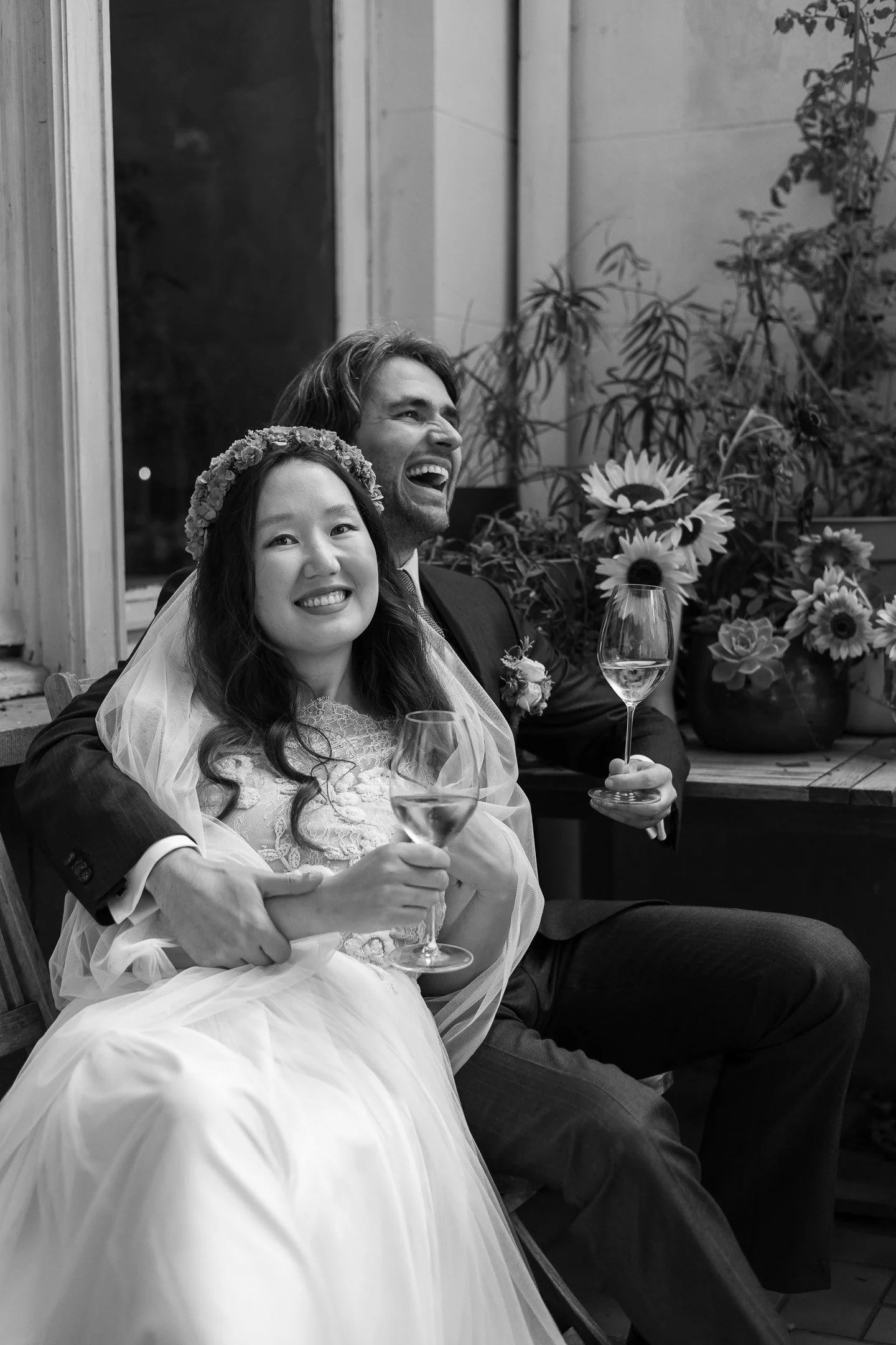 Self made wedding dress, bride and groom laughing