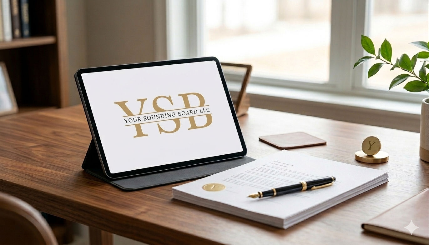 A wooden desk with a tablet displaying 'VSD Your Sounding Board LLC', a stack of papers with a pen on top, a small wooden piece with a gold 'Y' on it, and a potted plant next to a window.
