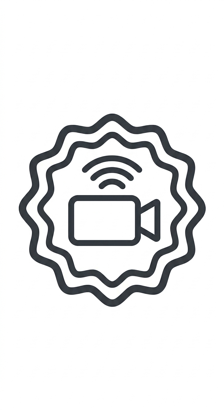 Icon of a video camera with Wi-Fi signal, surrounded by a wavy badge shape.