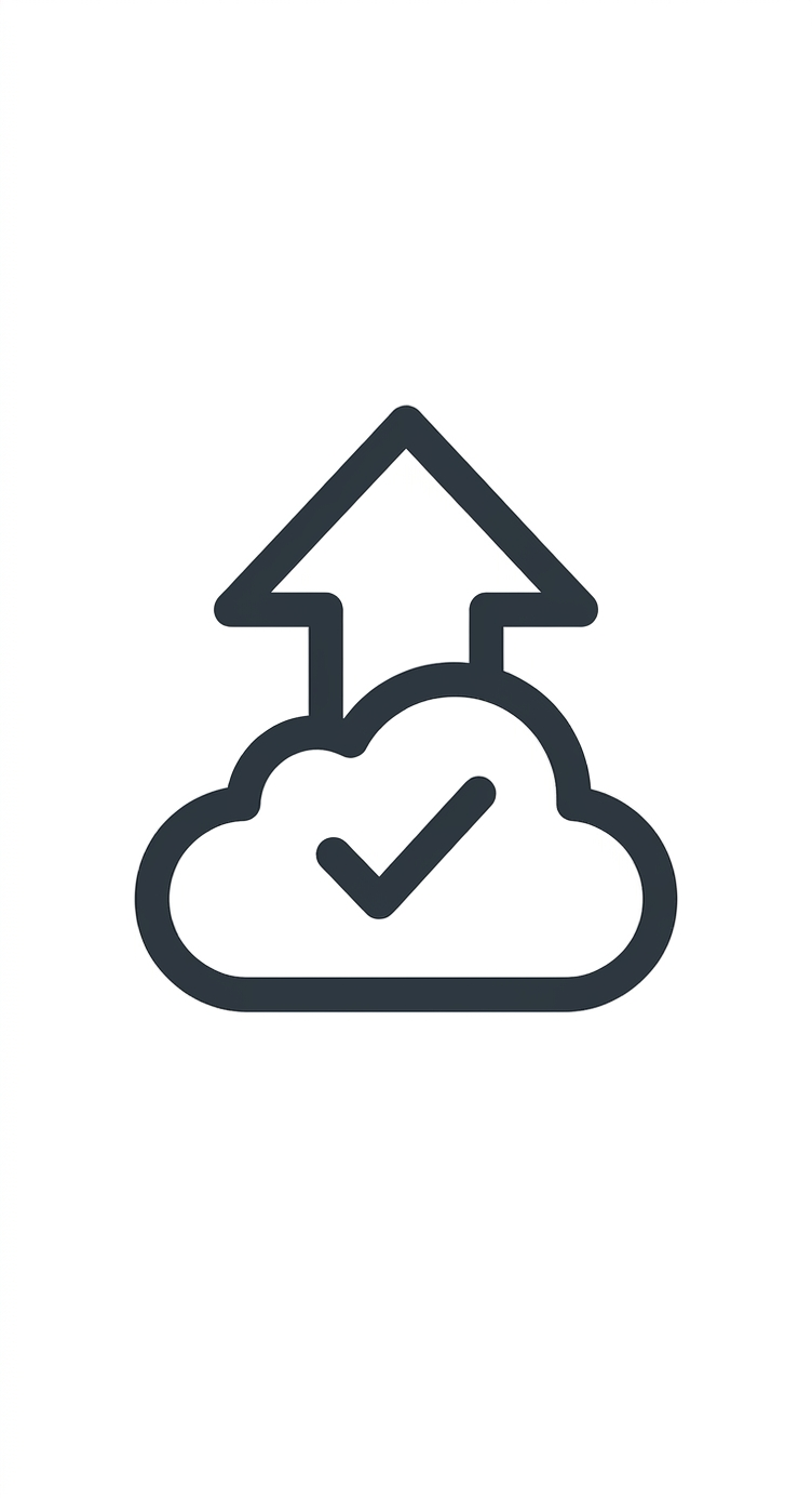 Cloud icon with a checkmark and an upward arrow, representing cloud upload or data backup.