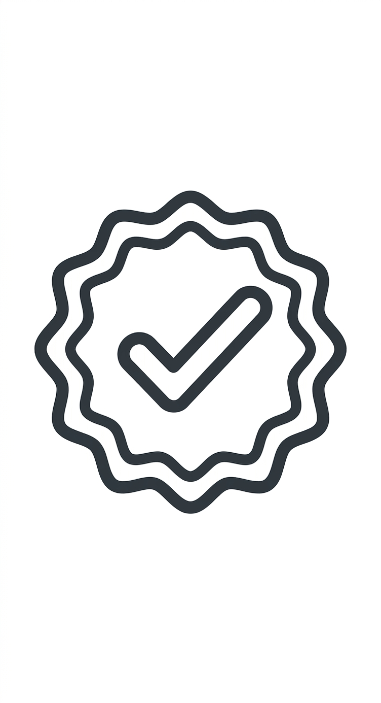 A black outline of a badge with a checkmark in the center on a white background.