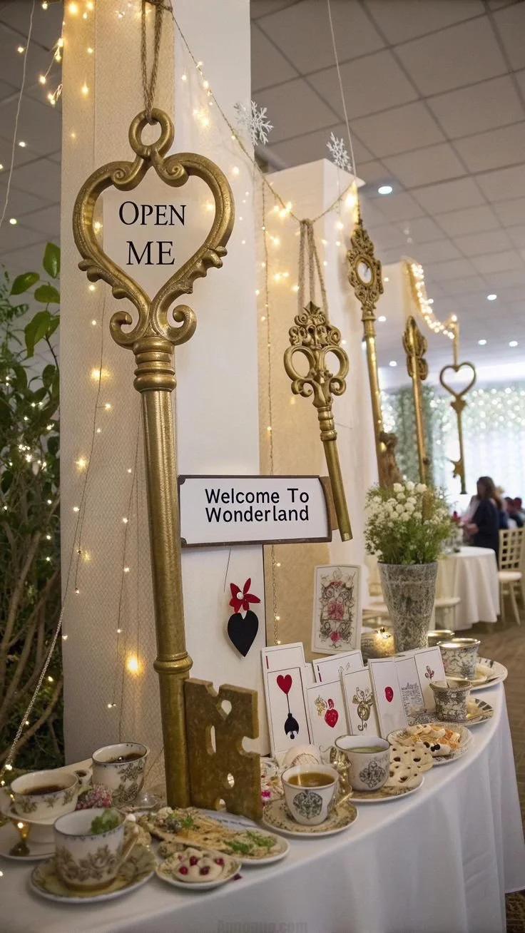 Decorative display with large vintage gold keys hanging, one with a sign that says 'Open Me,' and a smaller sign that says 'Welcome to Wonderland.' The table below has cups, tea, cookies, and themed cards, with fairy lights, snowflake decorations, and a potted plant.