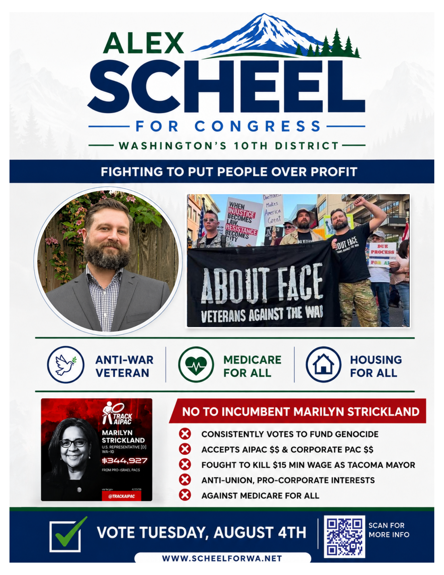A political campaign flyer featuring Alex Scheel for Congress in Washington's 10th District. The flyer includes campaign slogans, images of supporters, and key issues such as anti-war, Medicare for all, and housing for all. It also displays a voting date and a QR code for more information.
