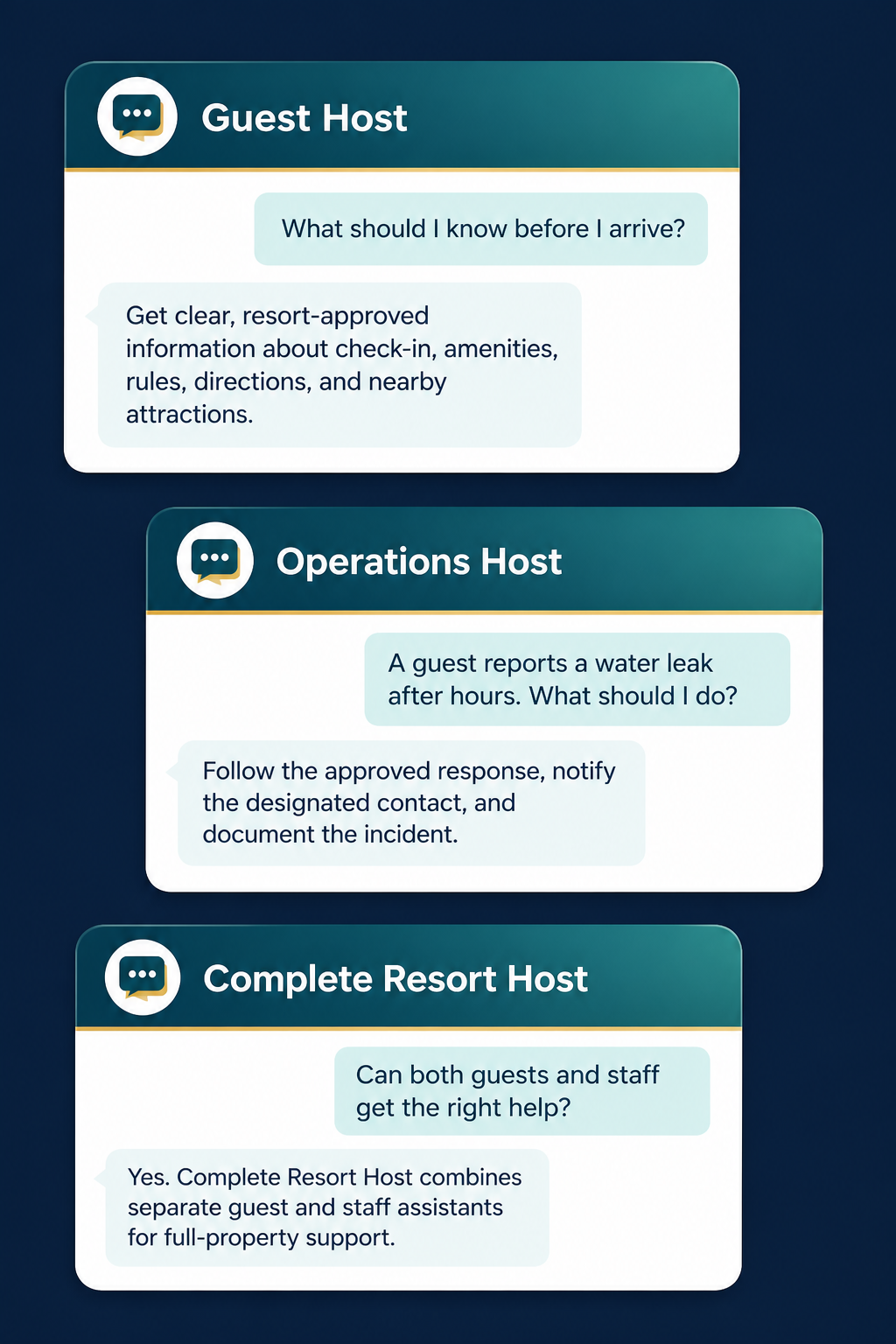 Screenshot of a conversation between a guest host, operations host, and complete resort host, with questions about hotel check-in, water leak, and guest and staff support.