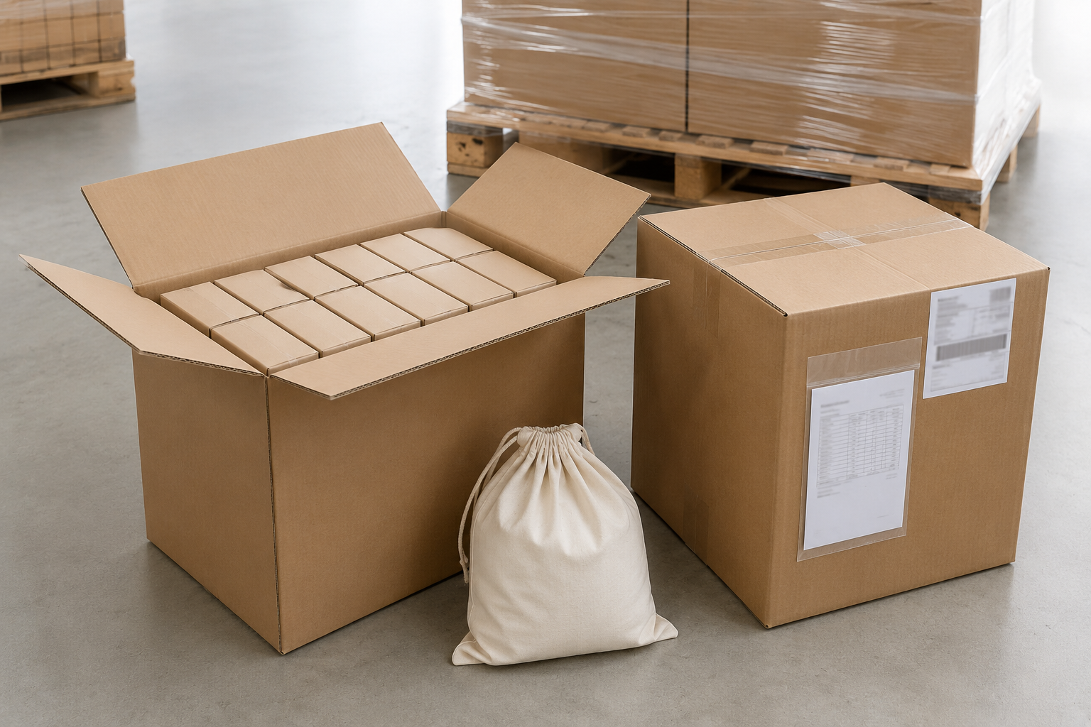 Professionelle B2B-Versandvorbereitung: Master-Kartons mit Versandlabels und Produkten