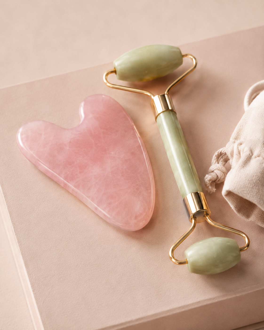 Rosenquarz Gua Sha und Jade-Roller als Bestandteil eines Wellness-Give-Away-Sets