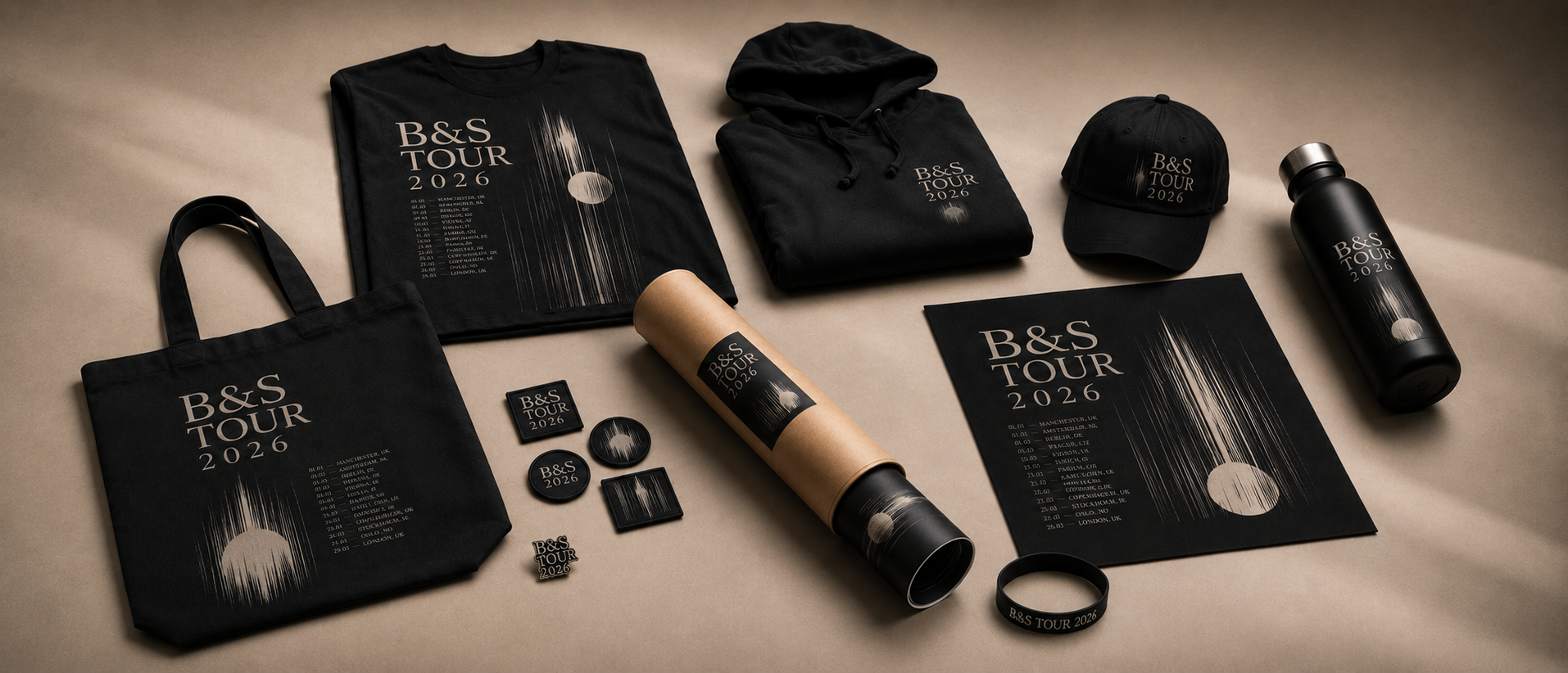 B&S Tour 2026 Merchandise-Set: T-Shirts, Poster-Rolle und Pins auf dunklem Untergrund