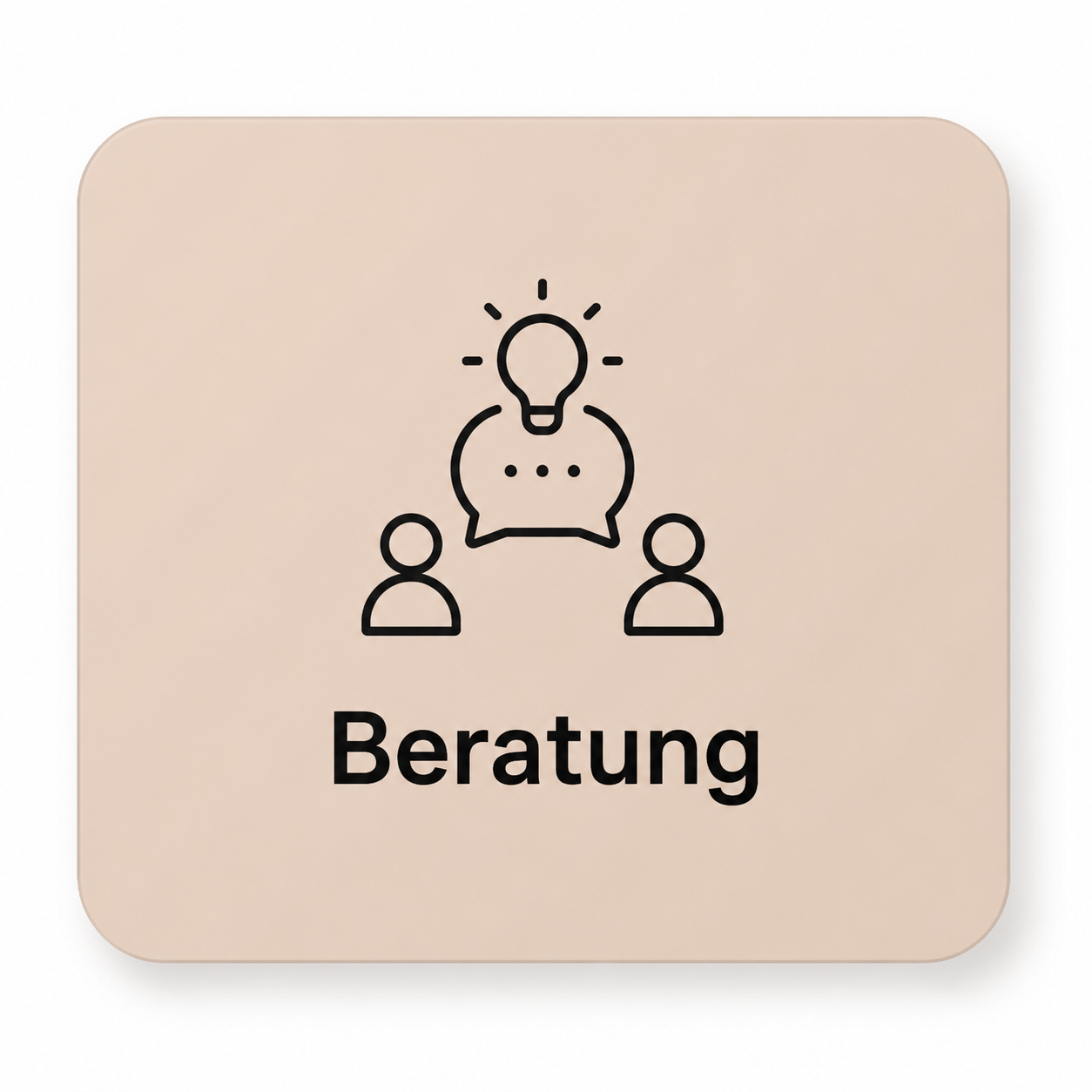 Icon eines Gesprächs mit einem Lichtbulb-Symbol, zwei Personen und dem Wort "Beratung" darunter.