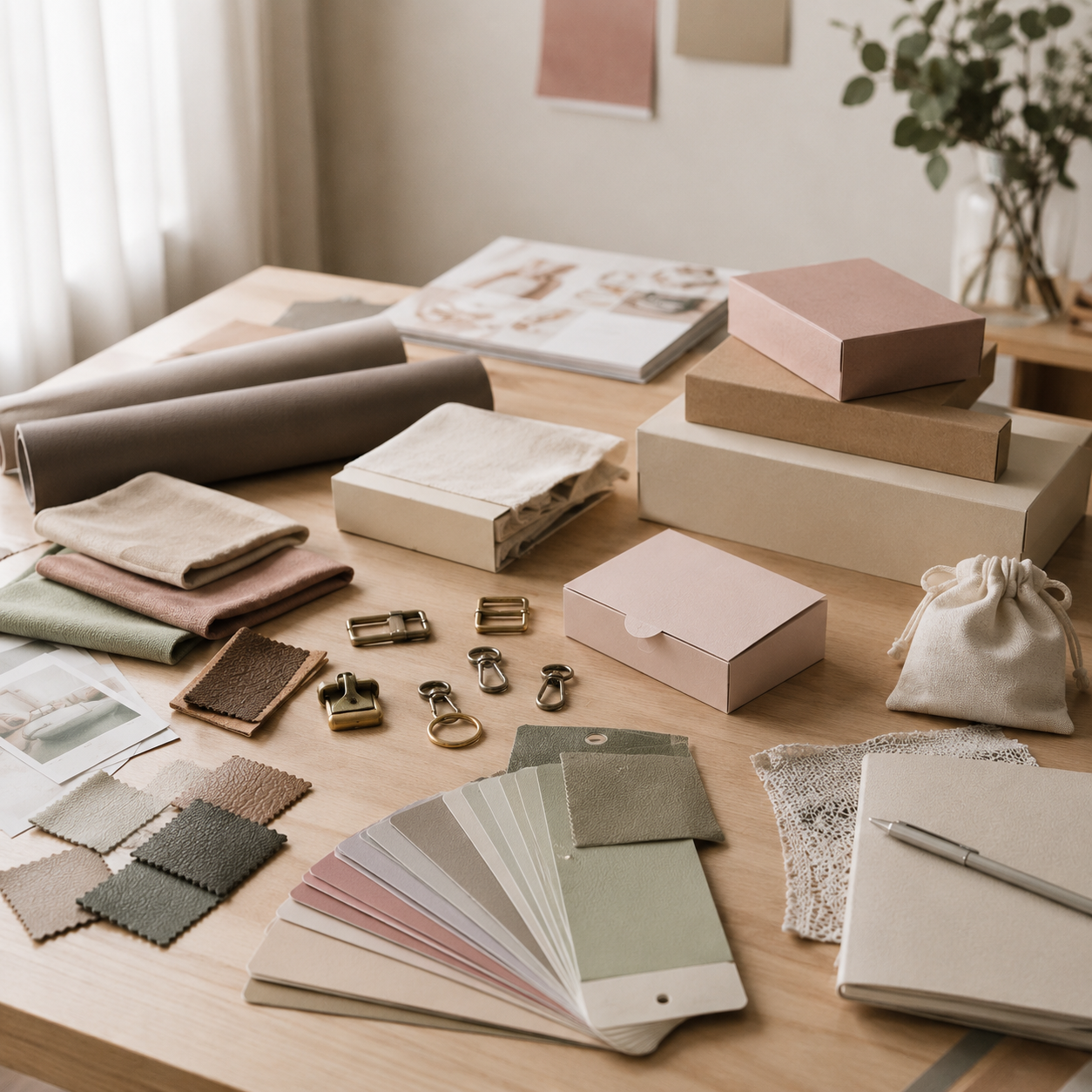 Baron & Son Arbeitsplatz mit Materialproben, Farbmustern und Produktentwürfen