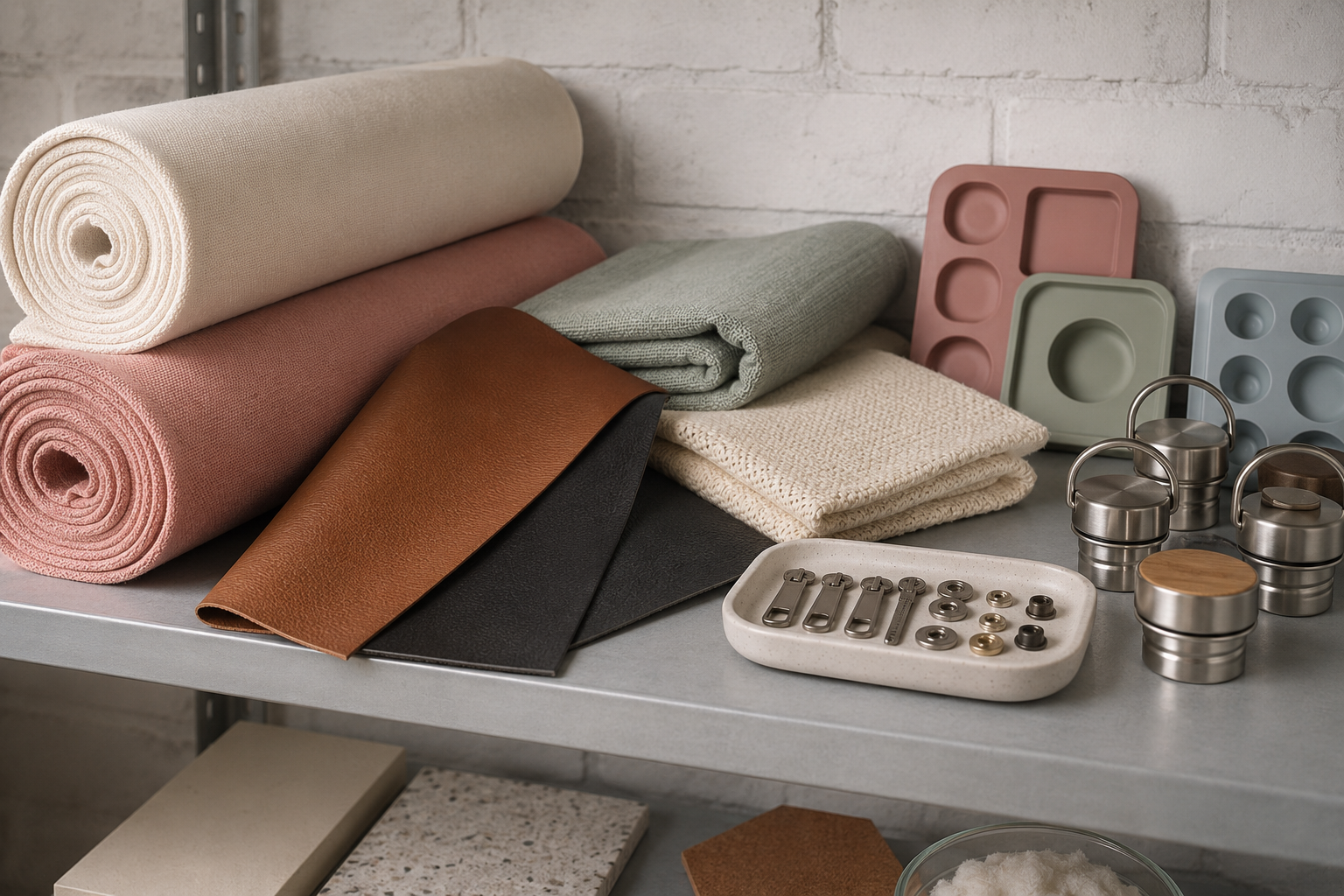 Sourcing-Materialien: PU-Leder-Muster, Stoffproben, Metallbeschläge und Farbfächer auf hellem Untergrund
