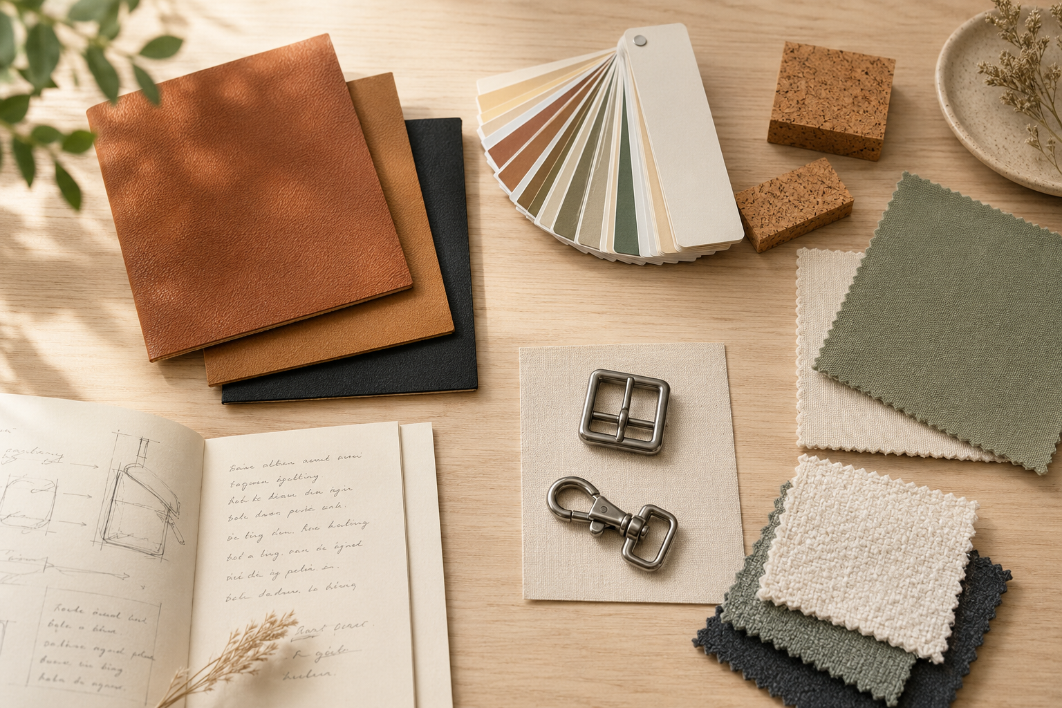 Materialproben und Stoffmuster auf einem Arbeitstisch: PU-Leder, Canvas und Textilien in verschiedenen Farben