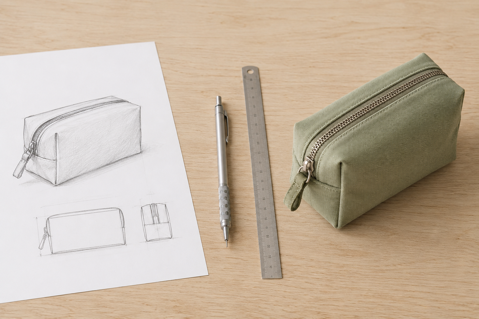Technische Produktskizze einer Tasche neben Materialmustern als Teil des Designprozesses