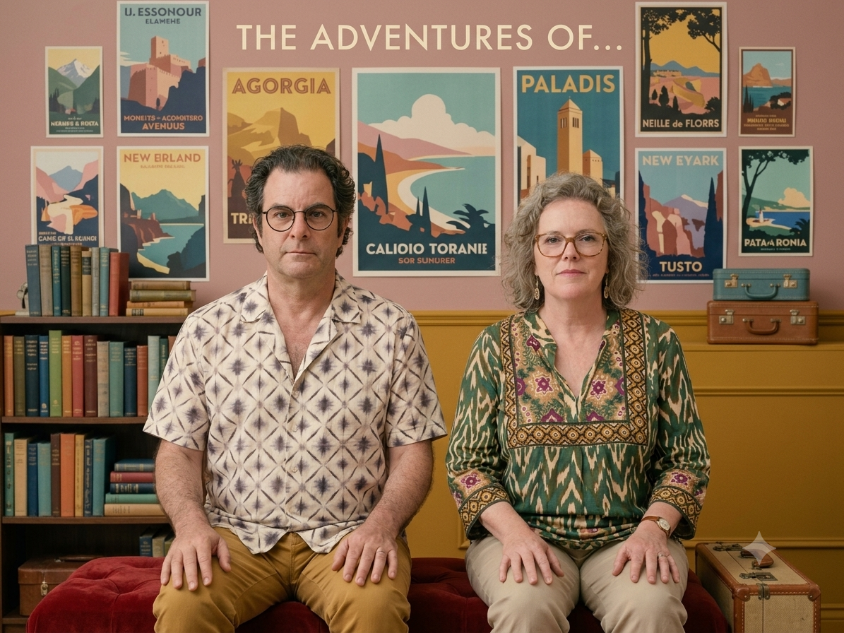 A man and woman sitting on a red cushioned bench in a cozy room with pink walls. Behind them is a bookshelf with  books and a collection of vintage suitcases on a yellow shelf. The wall features a large collection of framed travel posters with scenic landscapes and stylized illustrations. The man wears a patterned short-sleeve shirt and glasses, while the woman wears a patterned blouse and glasses, both looking directly at the camera with neutral expressions.