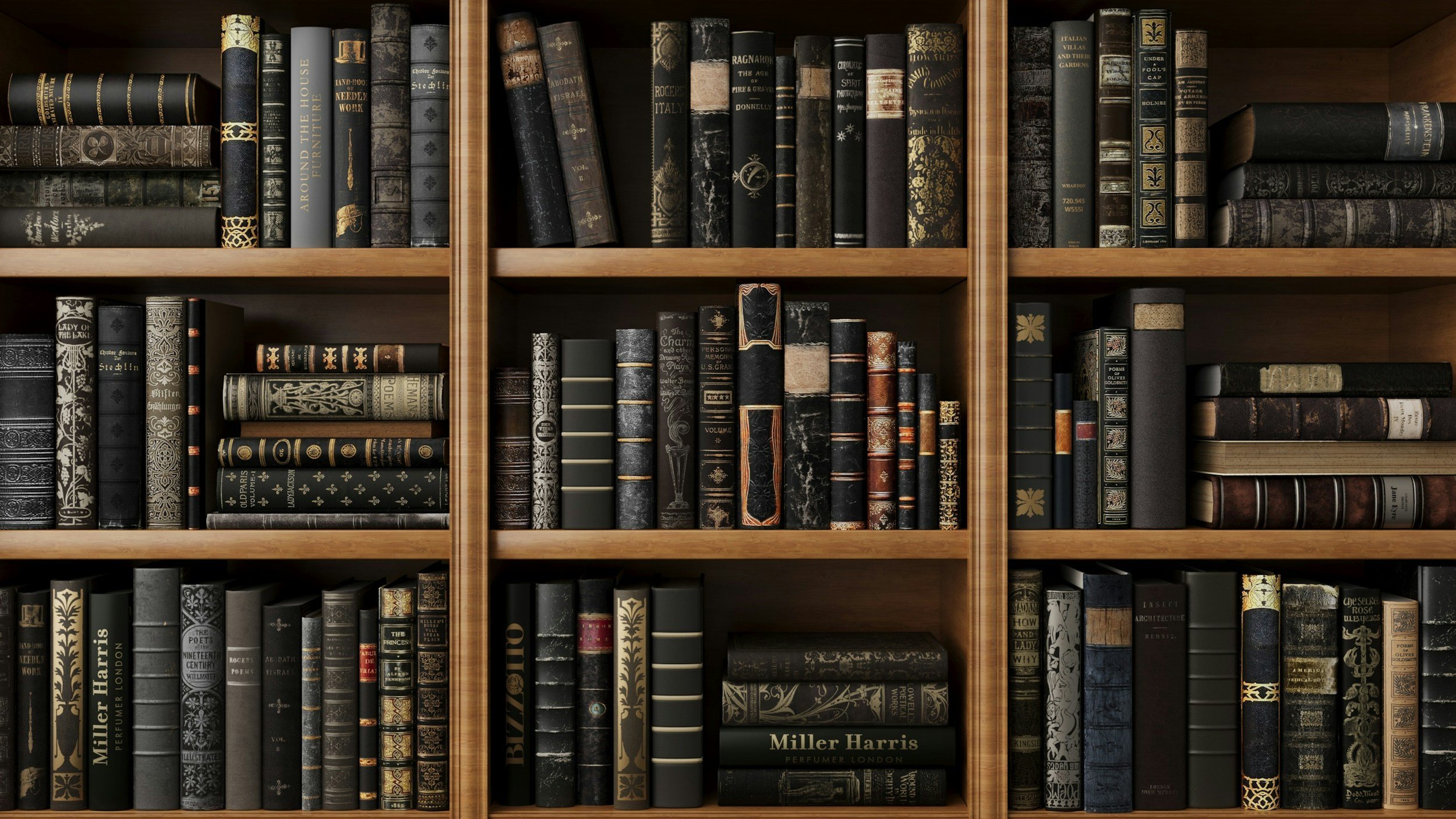 A wooden bookshelf filled with black, gray, and gold old and vintage books.