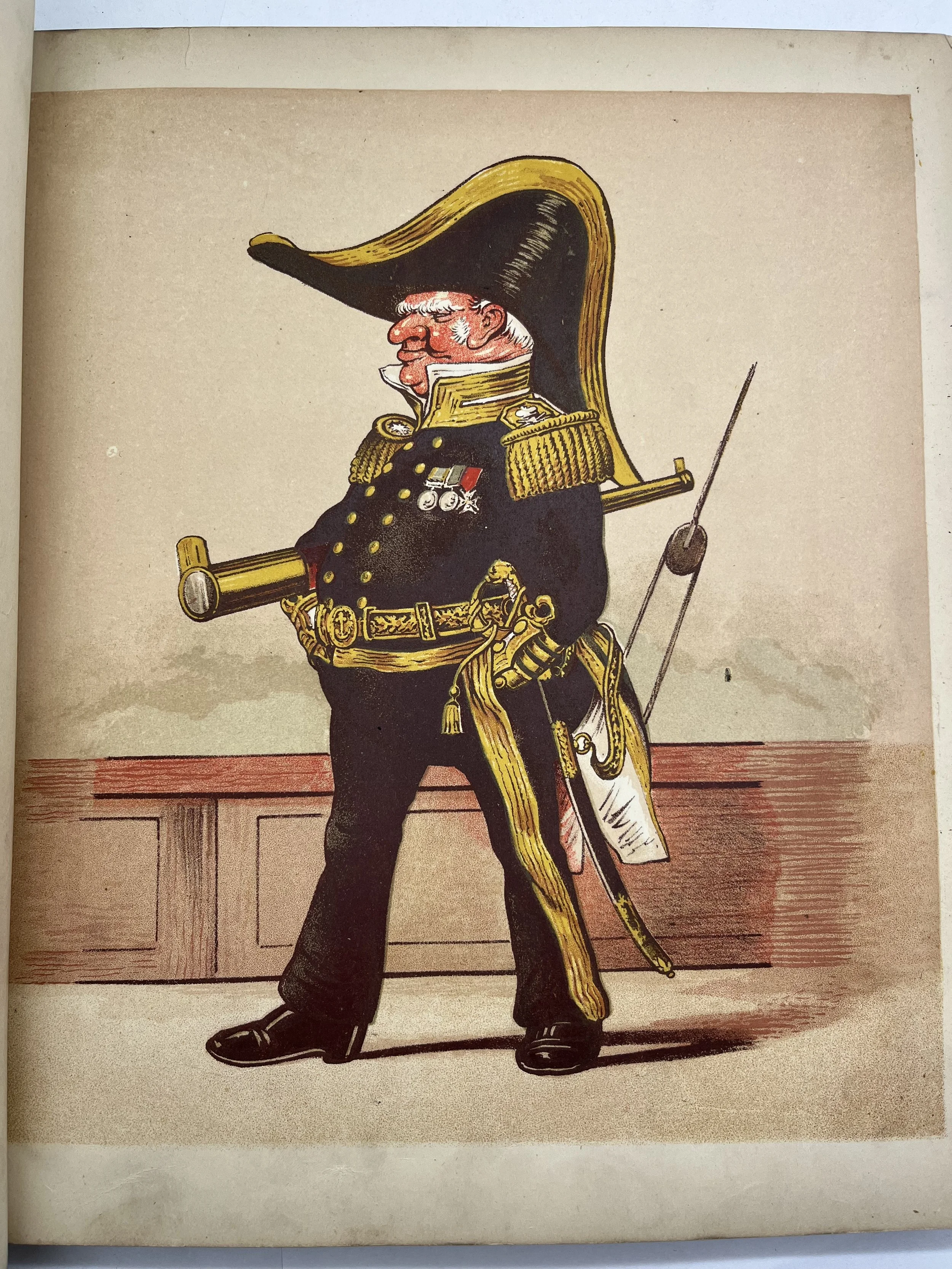 A vintage illustration of a man in a military uniform with a large hat, decorated with medals and gold accents, holding a sword.