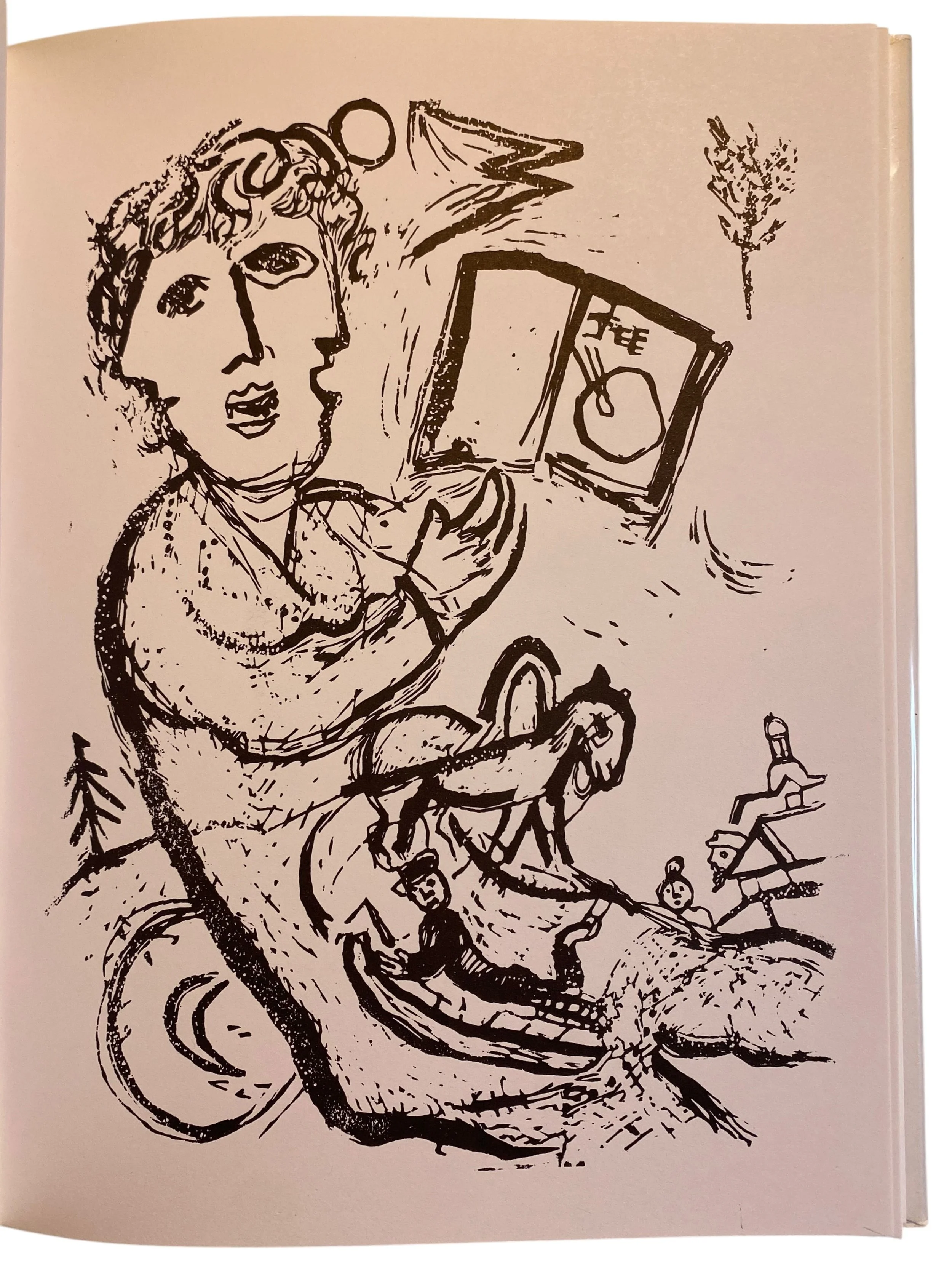 Black ink drawing of a woman with curly hair, riding a bicycle, with a book featuring a pear on the cover and a small tree in the background.