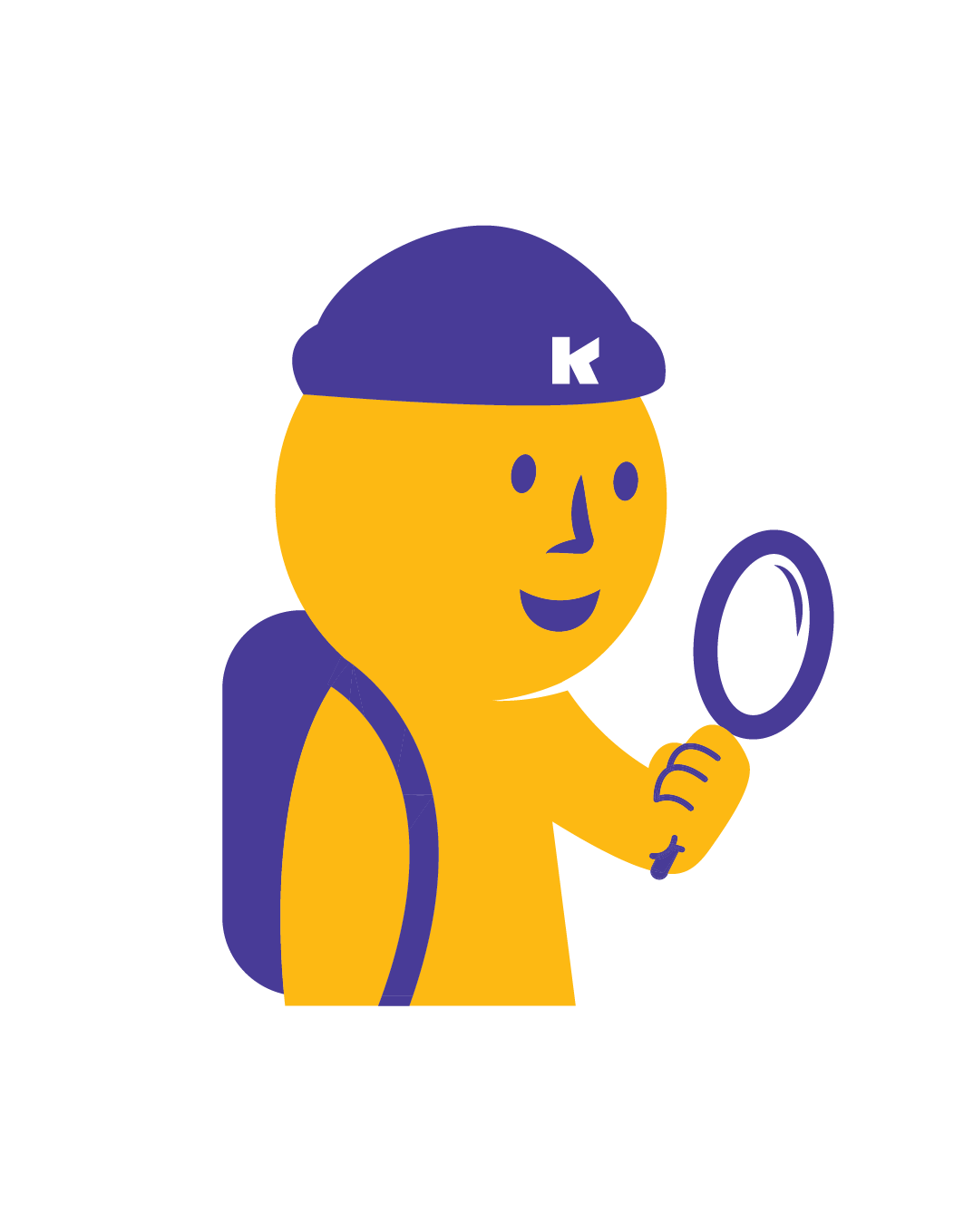 Cartoon illustration of a yellow person with a purple backpack, wearing a purple cap with the letter 'K', holding a mirror, and smiling.