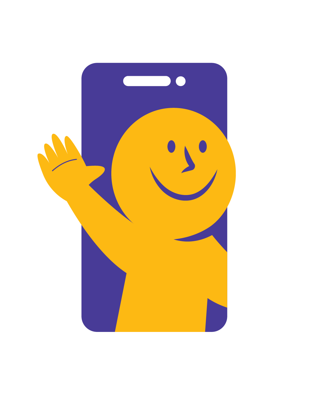 A yellow smiley face character waving, taking a selfie with a smartphone