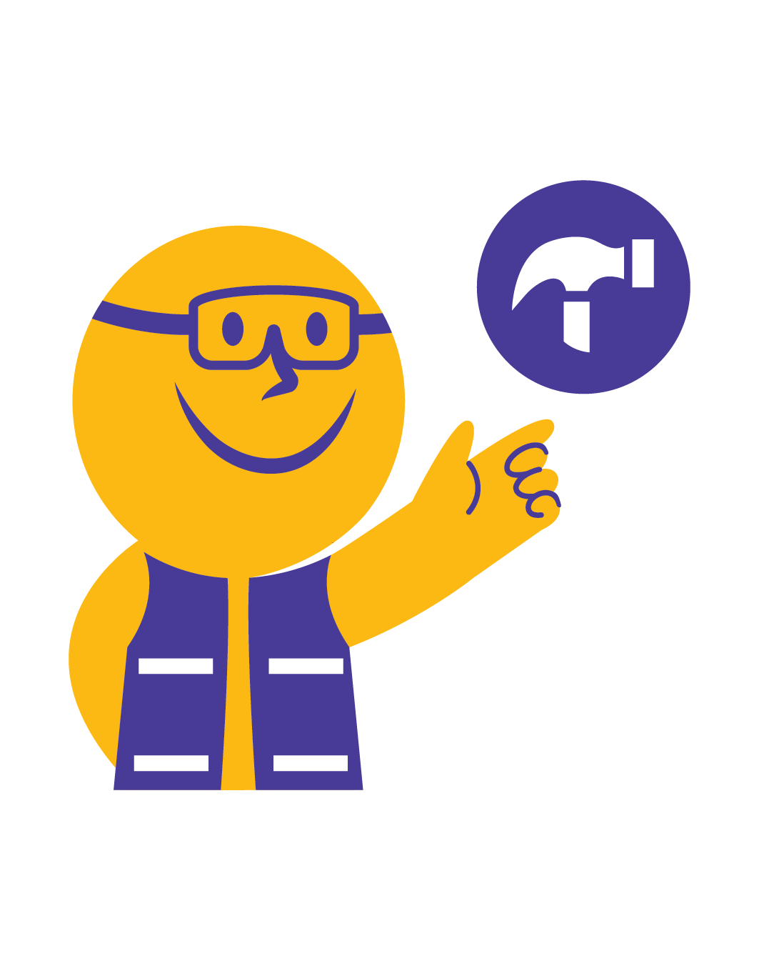 Cartoon person with glasses pointing at a circle containing a map icon