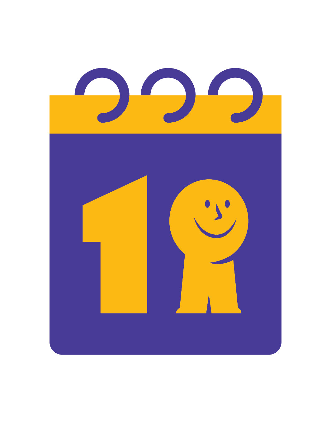 A colorful calendar page for the 1st of the month with a smiling face of a character integrated into the number 1.