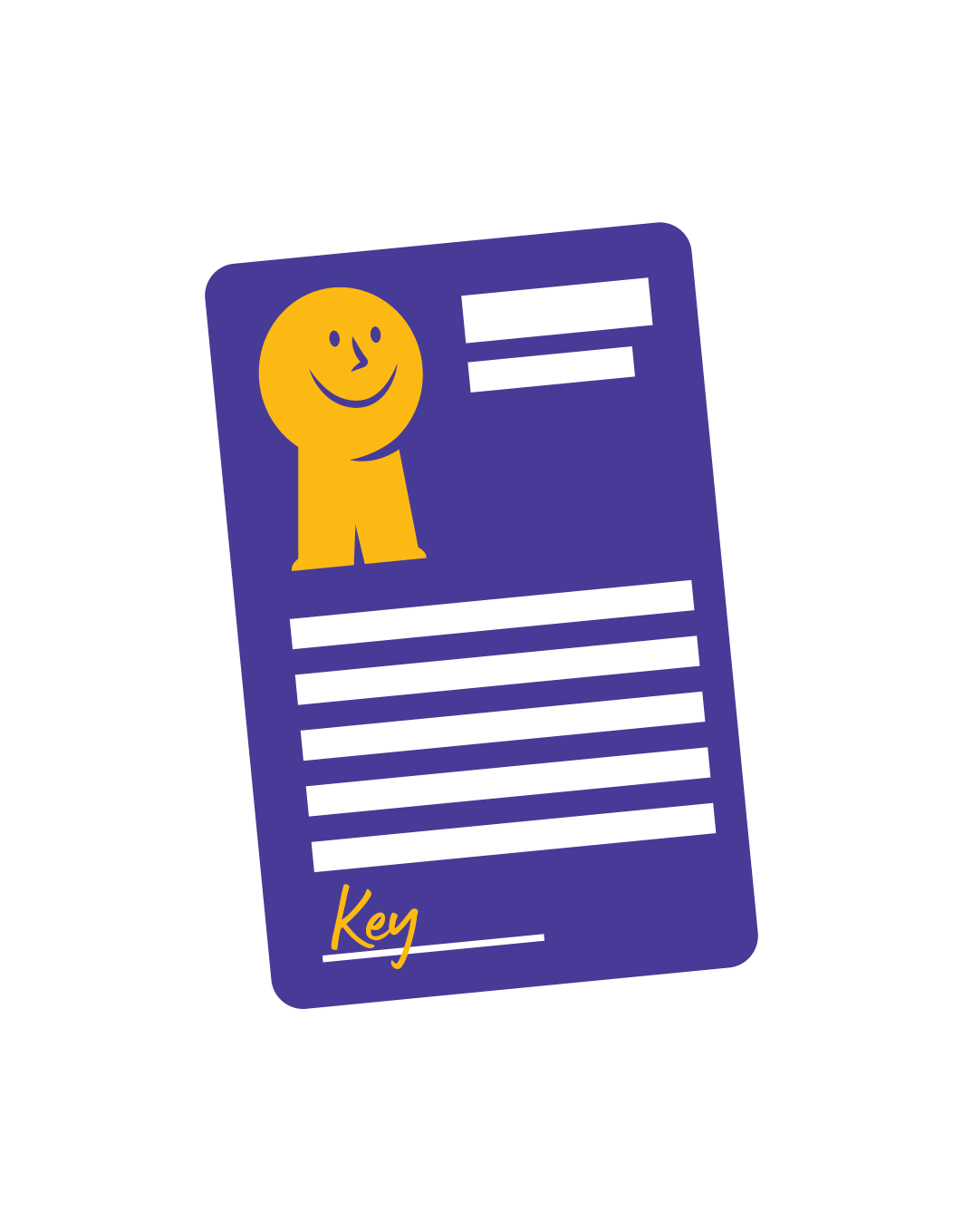 Illustration of a blue key card with a yellow smiley face logo, several white text lines, and the word "Key" written in yellow at the bottom.