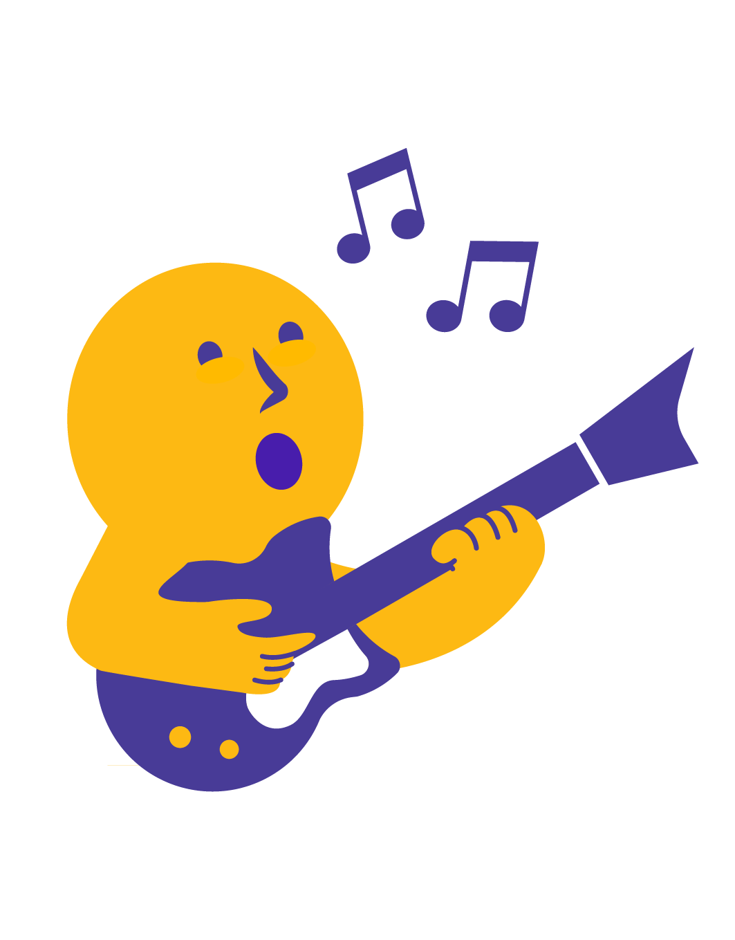 A yellow cartoon bird singing and playing an electric guitar with musical notes around its head.