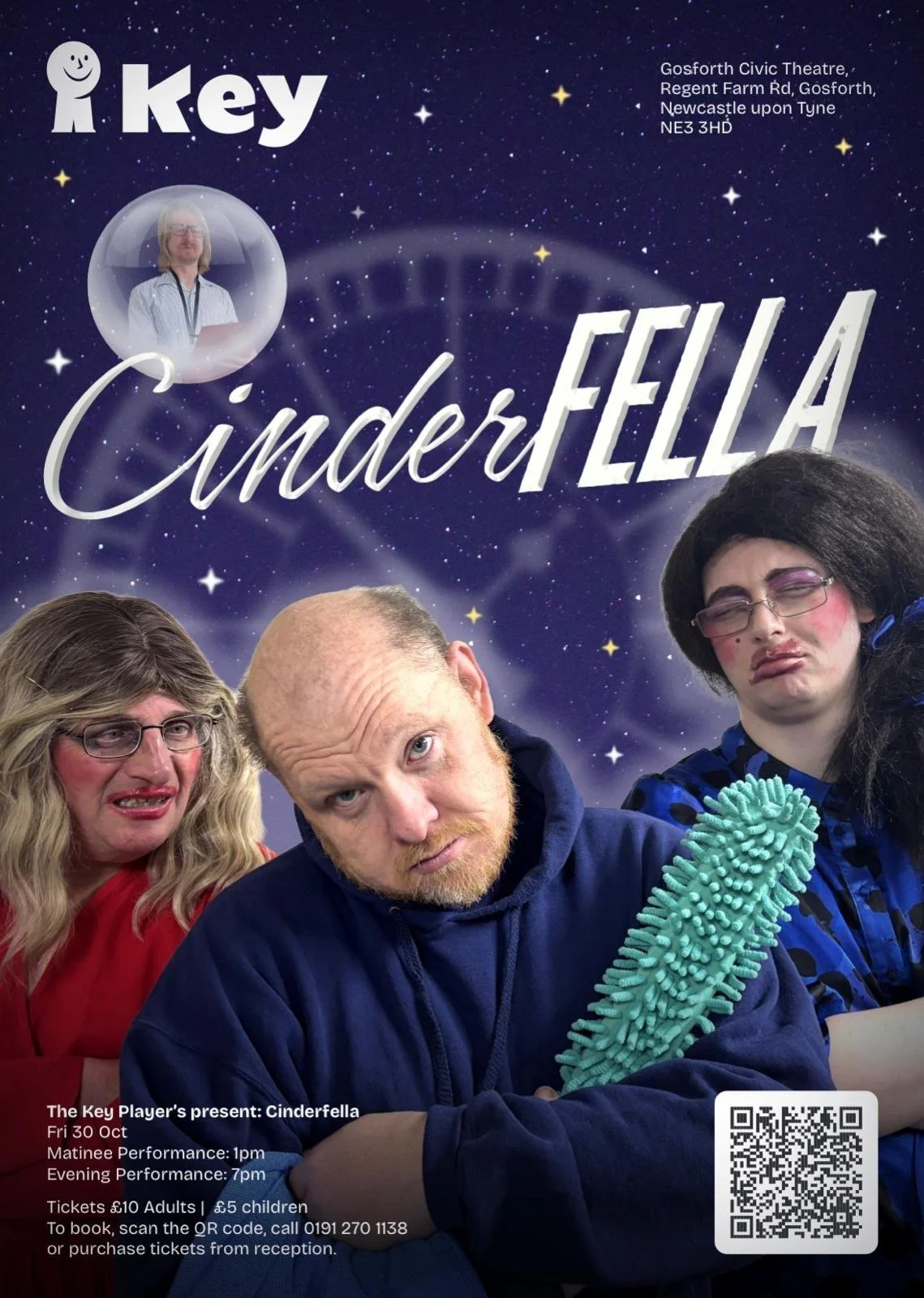 Promotional poster for a theater production of Cinderella by The Key Players, featuring photos of three service users with learning disabilities, with humorous makeup and costumes, a glittery starry night background, event details, and a QR code.