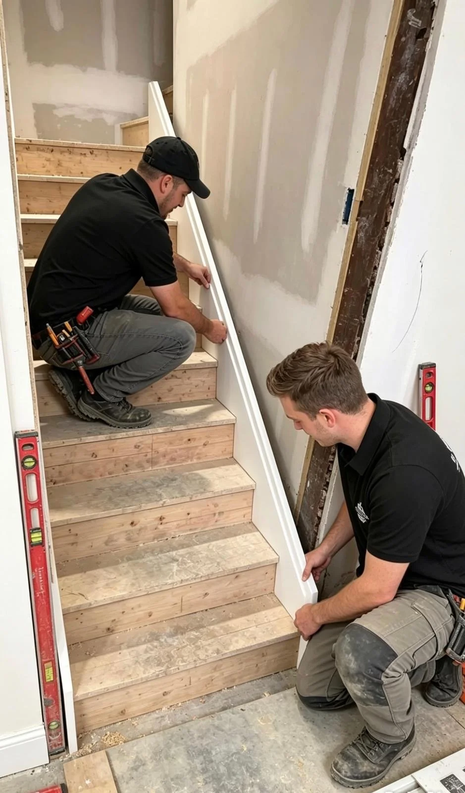 Two men installing a white stair railing on a staircase under construction.