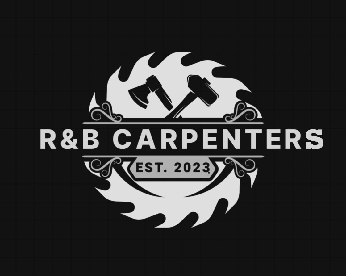Black and white logo for R&B Carpenters with crossed hammer and axe inside a circular saw blade, decorative flourishes, and 'EST. 2023' text.