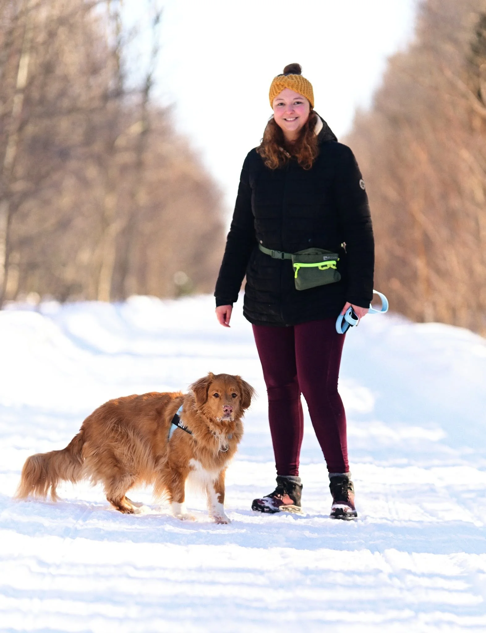 Une femme souriante avec un bonnet en laine orange et un manteau noir marche dans la neige avec un chien retriever de la Nouvelle-Écosse. Le chien porte un harnais bleu ciel.