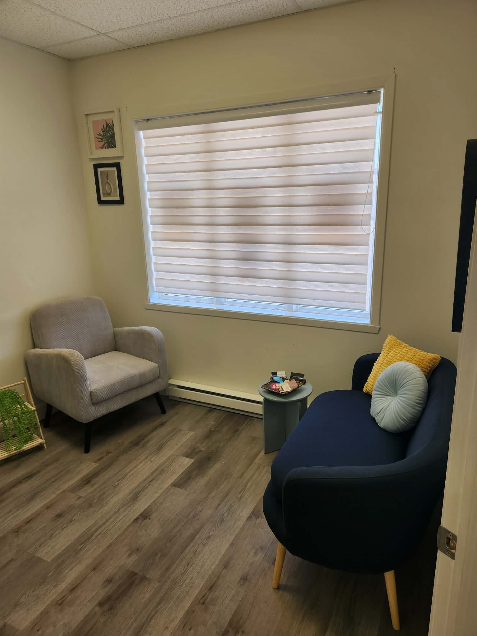 Un salon avec un fauteuil gris clair, un canapé bleu foncé avec un coussin jaune, une petite table ronde, une grande fenêtre avec un store roulant crème, des cadres muraux avec des images de plantes, un sol en bois clair, et un plancher de bois gris.