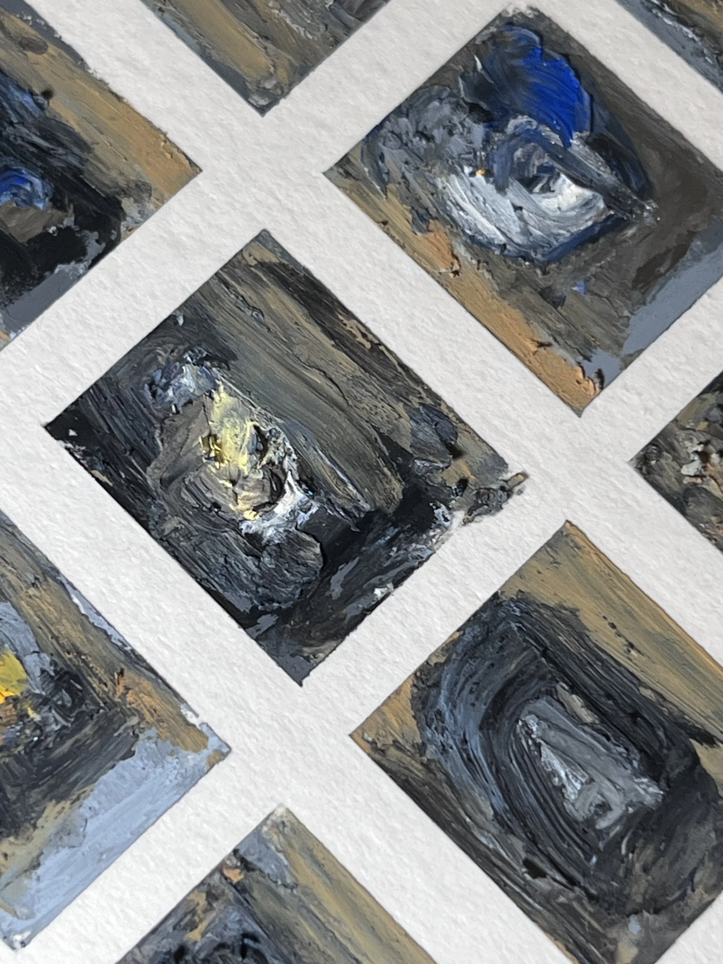 Oil pastel on paper. 15x15xm, framed in natural wood box frame behind glass. Original work. 