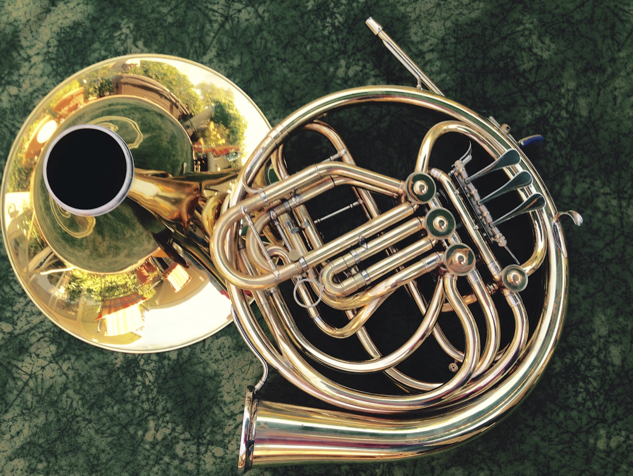 A shiny, reflective brass French horn placed on a green textured surface.