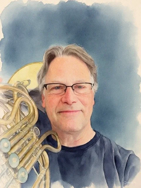 A watercolor depiction of Bruce Roberts holding a French horn