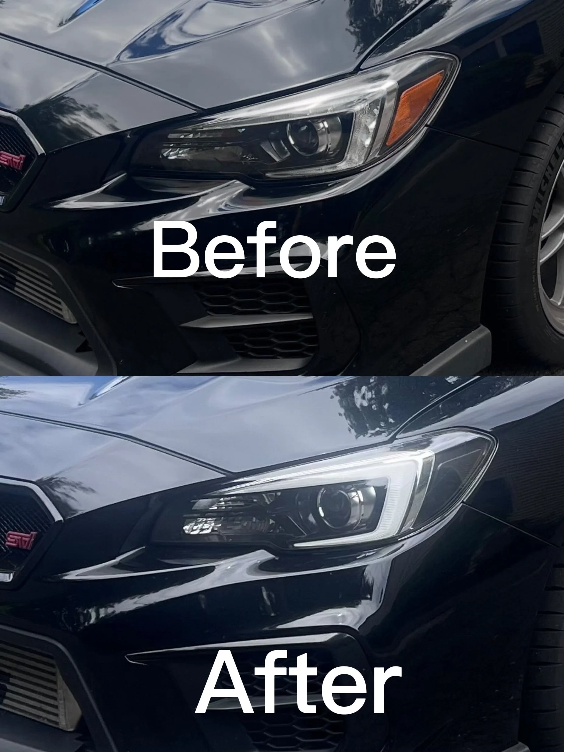 A black sports car before and after detailing, showing a shiny, clean exterior with reflections of trees and sky.