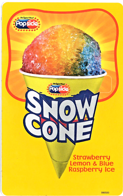 Packaging of a Popsicle snow cone featuring a rainbow-colored, rainbow-flavored ice treat in a yellow cup. The label indicates flavors as strawberry, lemon, and blue raspberry.