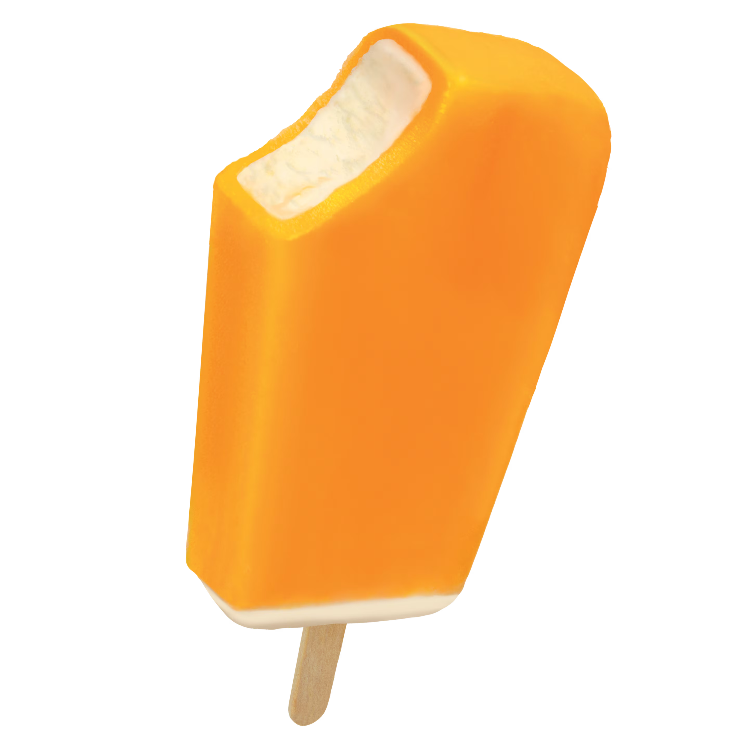 Close-up of a partially eaten orange popsicle on a wooden stick with a red background.
