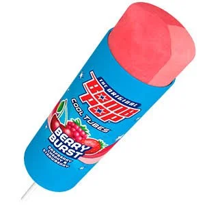 Berry Burst flavored Tubski ice cream in a cylindrical container with a pink ice cream top.
