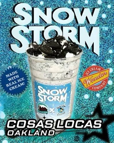 Promotion for Snow Storm ice cream from Wonder Cream Company, featuring an image of a cookies and cream ice cream cup with cookie pieces on top against a blue, snowy background, with text indicating it is made with real ice cream and located at COSAS