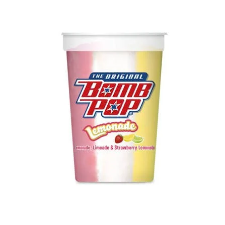 A cup of Lemonade from Bomb Pop, flavored with lemonade, lime, and strawberry, with red and yellow colors.