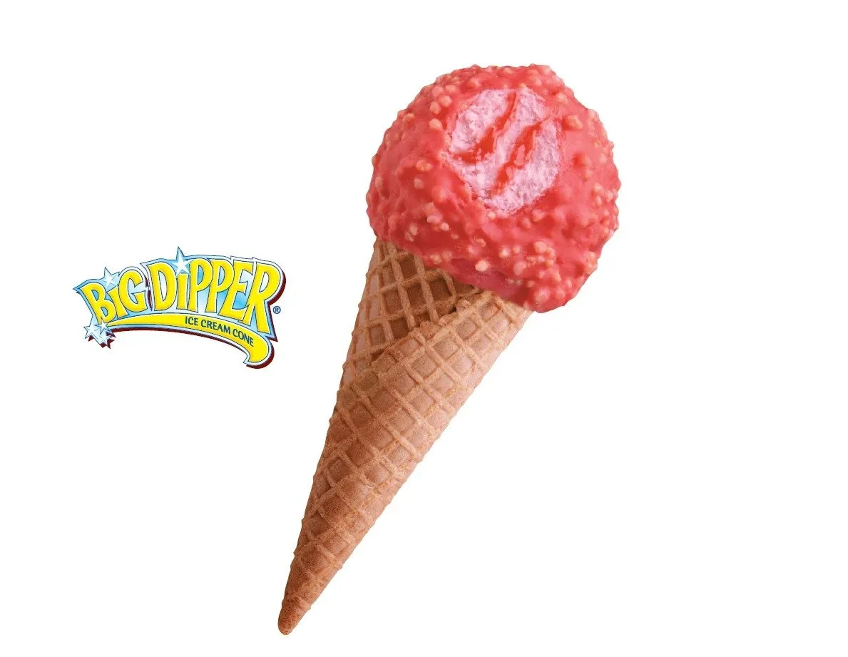 A single scoop of strawberry ice cream in a waffle cone with a "Big Dipper" ice cream logo in the corner.