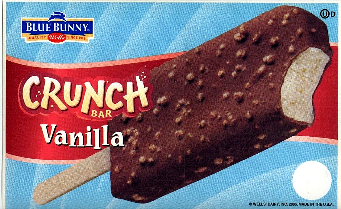 A Blue Bunny Crunch Vanilla ice cream bar with chocolate coating and sprinkles on the packaging.