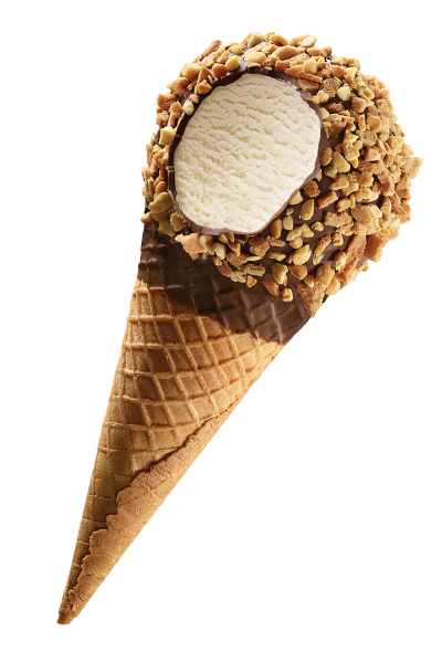 Ice cream cone with a scoop of vanilla ice cream dipped in chopped nuts.