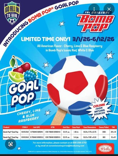 Goal Pop Bomb Pop ice pop in cherry, lime, blue raspberry flavor in red, white, blue colors with soccer ball design.