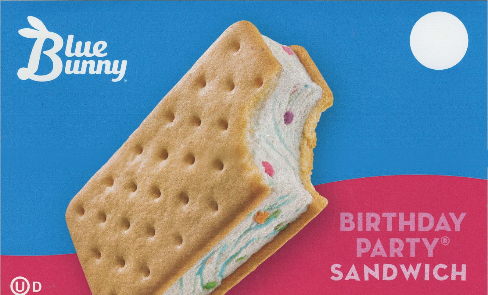 Box of Blue Bunny birthday party sandwich with an image of a sandwich biscuit with colorful swirls on the filling and a partially eaten biscuit.